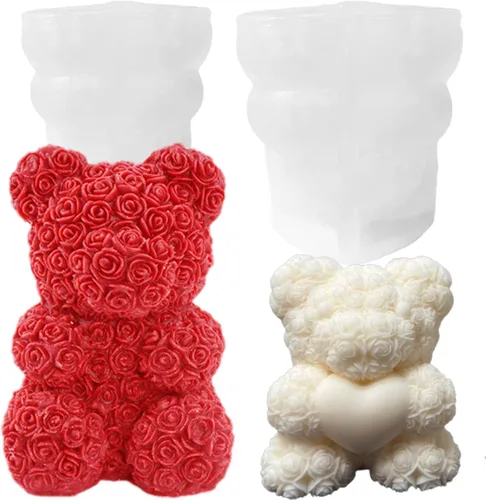 Miniatura 7 de Paquete de 2 moldes de velas de oso de rosas en 3D, moldes de silicona del Día de San Valentín, DIY pinta tu propio oso de corazón o vela de oso