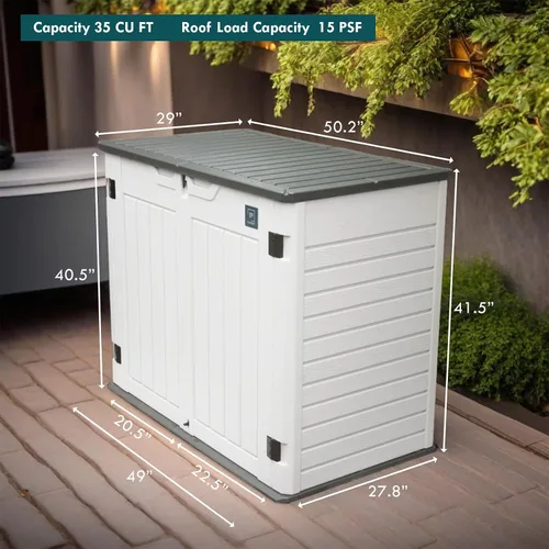 Miniatura 9 de Cobertizo de almacenamiento para exteriores de 35 pies cúbicos, caja de almacenamiento grande de resina, gabinete impermeable y con cerradura