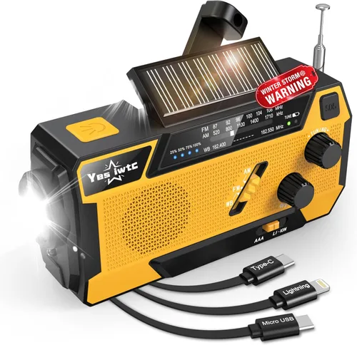 Miniatura 10 de Radio de manivela de emergencia, radio solar de emergencia de manivela manual de 37000 mWh (10000 mAh) Radio meteorológica AM/FM NOAA con pantalla