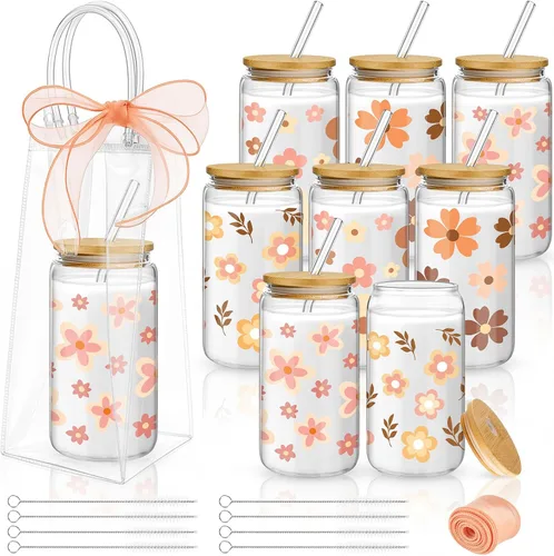 Miniatura 15 de Mumufy 6 Juegos de Tazas de Vidrio Florales Bohemias con Bolsa de Regalo Transparente de 16 onzas, Tazas de Café Helado Reutilizables con Flores