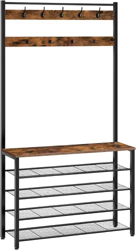 Miniatura 12 de HOOBRO Árbol de pasillo, perchero con zapatero, árbol de pasillo con banco, organizador de almacenamiento de zapatos de 5 niveles con 9 ganchos
