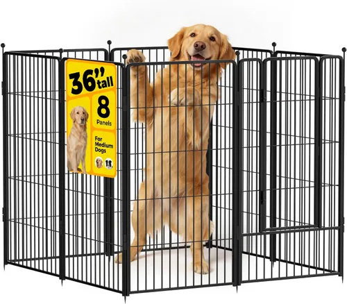 Corralito para perros de 36 pulgadas, 8 paneles para uso en interiores y exteriores, valla de metal resistente para mascotas con estacas para el