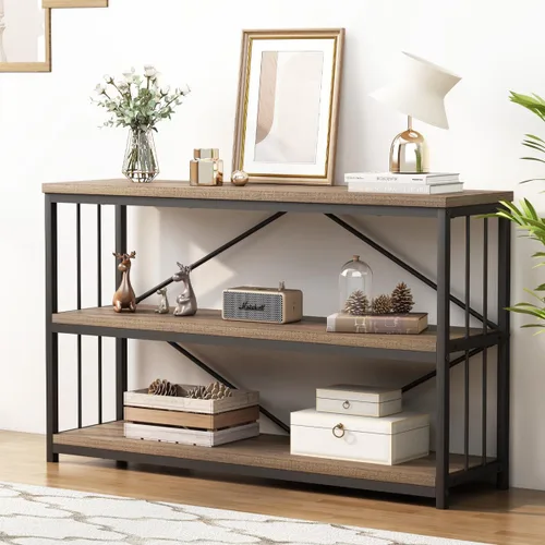 Miniatura 24 de LVB Mesa consola industrial, mesa de sofá de metal y madera, mesa de entrada rústica con almacenamiento, moderno estante de 3 niveles mesa larga