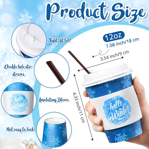 Miniatura 2 de Lallisa 100 juegos de tazas de papel desechables de café de Navidad para el invierno a granel con tapas, fundas y pajitas, tazas de café de copos