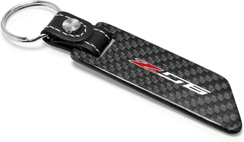 Miniatura 2 de iPick Image Para Chevrolet Corvette C7 Z06 Negro Real Fibra de Carbono Estilo Hoja con Correa de Cuero Negro Llavero Llavero, Con Licencia Oficial