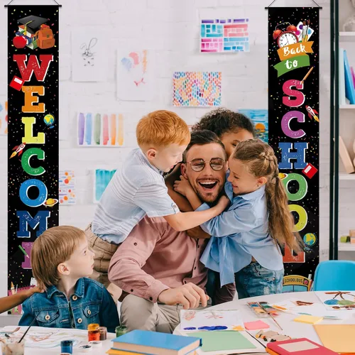 Miniatura 5 de Cartel de bienvenida de regreso a la escuela para puerta, porche, primer día de escuela, pancartas de tela colgantes, banderas, letreros