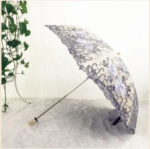 Miniatura 3 de Honeystore Sombrilla bordada con flor 3D plegable UV con encaje clásico