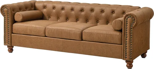 Miniatura 3 de Sofá Air de cuero copetudo para sala de estar, sofá de 3 plazas con brazo enrollado con ribete de cabeza de clavo y 2 almohadas para el cuello, sofá