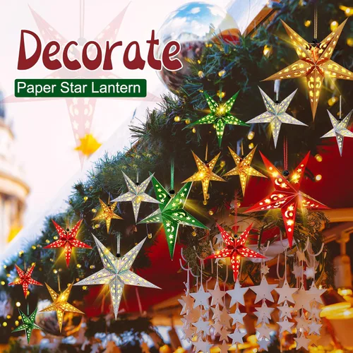 Miniatura 6 de Hortsun Juego de 20 faroles de papel de Navidad con forma de estrella, 2 tamaños, 17.7 y 11.8 pulgadas, adornos colgantes de Navidad, pantalla 3D
