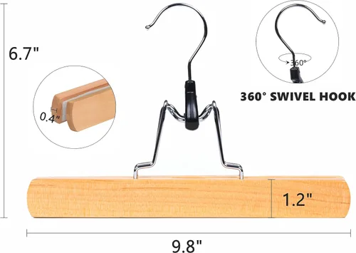 Miniatura 2 de Amber Home Paquete de 10 perchas de madera natural para pantalones, perchas de madera con terciopelo acolchado antideslizante, ganchos