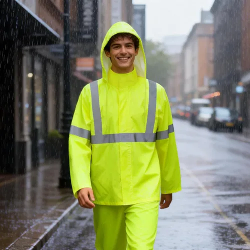 Miniatura 2 de Abrigo de lluvia de alta visibilidad, traje de lluvia de alta visibilidad para hombres, chaqueta impermeable con capucha, equipo de lluvia ligero