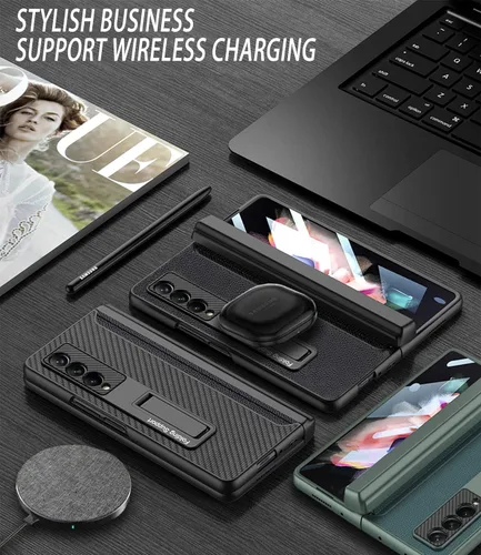 Miniatura 6 de Funda para Samsung Galaxy Z Fold 3 con soporte para bolígrafo, cubierta con bisagras integrada con ranura para bolígrafo, con protector de pantalla