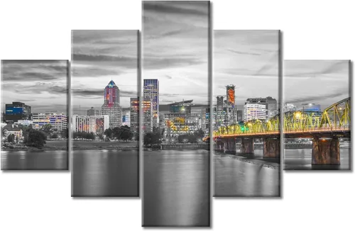 TUMOVO 5 piezas de arte mural Imágenes de la línea del horizonte de Portland, Oregón, sobre lienzo, paisaje urbano panorámico del centro de la