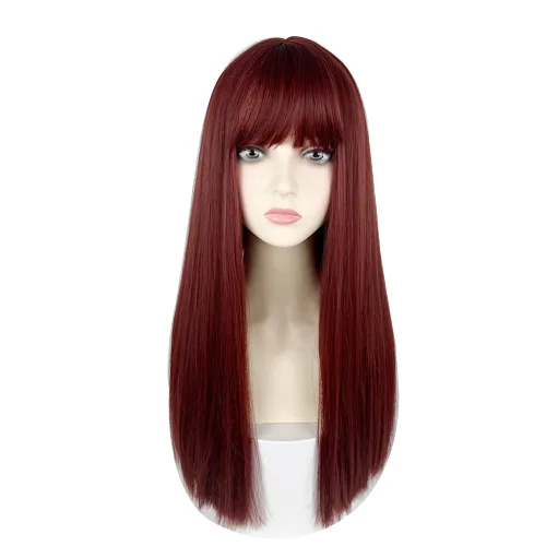 Miniatura 15 de Peluca de 22 pulgadas de largo y lacia con flequillo de cortina para mujer, cabello sintético negro, resistente al calor, para fiesta, cosplay, Té