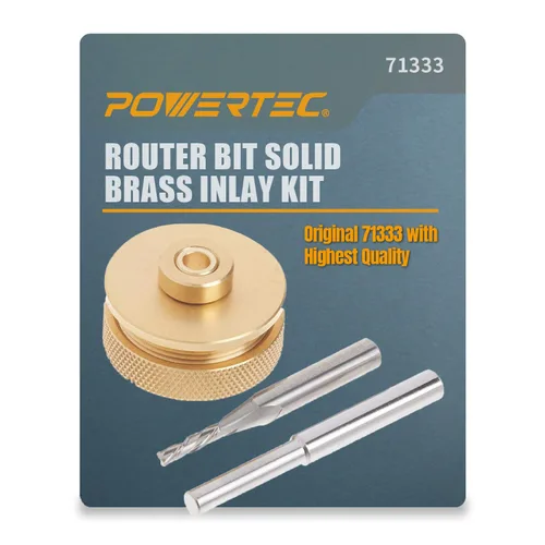 POWERTEC Kit de incrustaciones de latón para enrutador con juego de guía de buje + pasador de centrado, collar y broca de carburo sólido de 1/8