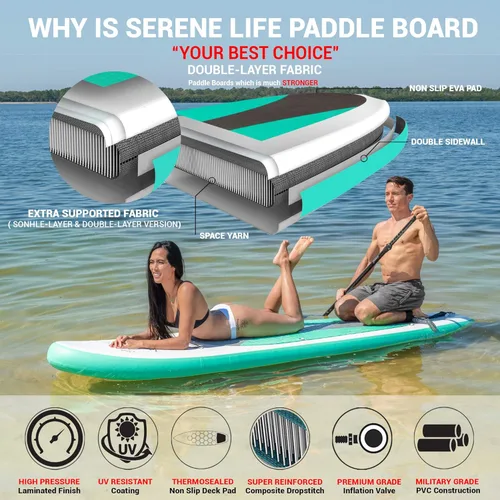 Miniatura 5 de SereneLife 10’ Inflatable Stand Up Paddle Board with Premium SUP Accessories - 32” Wide Stable Design with Non-Slip EVA Deck Pad, for Youth and Verde