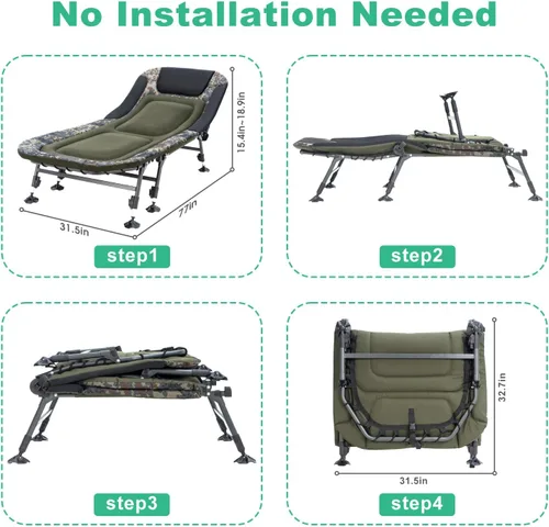 Miniatura 7 de Catre de camping plegable con colchón para adultos, catre militar resistente con bolsa de transporte, tumbona reclinable ajustable de 180°