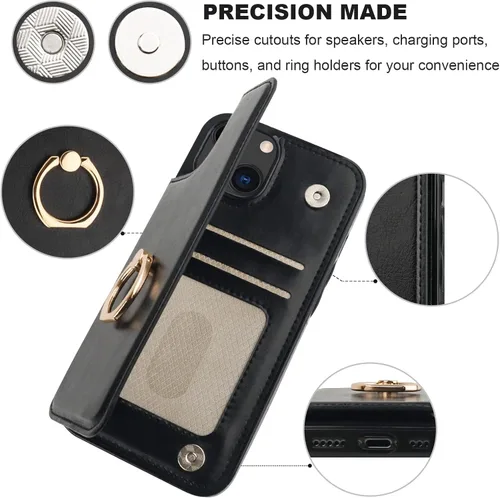 Miniatura 8 de ONETOP Funda tipo cartera para iPhone 13 con soporte para tarjetas, anillo de rotación de 360°, bloqueo RFID, doble cierre magnético, a prueba