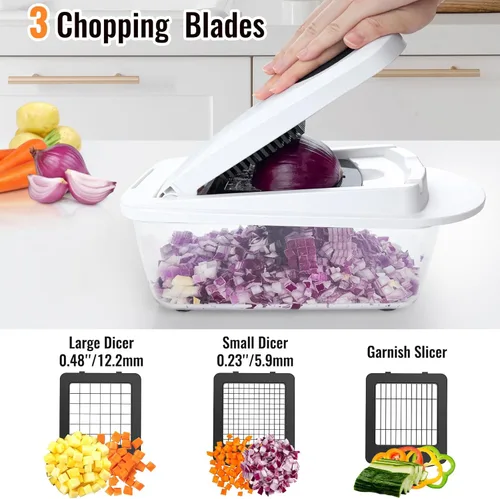 Miniatura 4 de Picador de verduras todo en uno de 8 cuchillas con contenedor, picador de alimentos, picador de cebolla, cortador de verduras para ensalada, Blanco