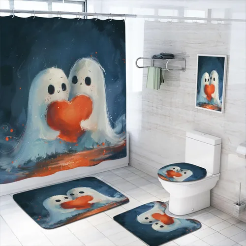 Miniatura 10 de Juego de 4 cortinas de ducha de Halloween con alfombra, cubierta para tapa de inodoro y tapete de baño, diseño de fantasmas de dibujos animados