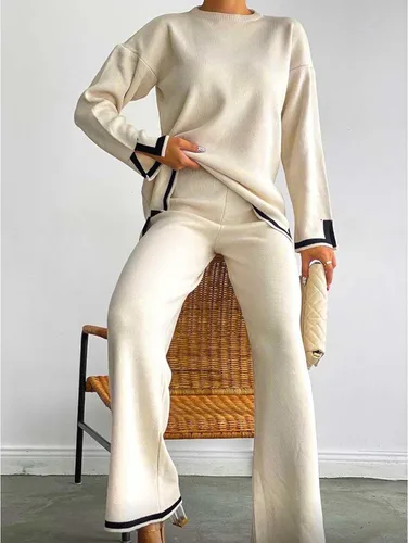Miniatura 4 de MaLinfandor Conjunto de 2 piezas de suéter de punto para mujer, sudadera de manga larga, pantalones elásticos de pierna ancha, conjunto de ropa