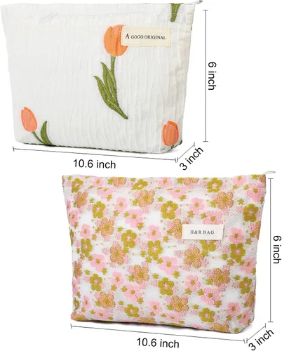 Miniatura 3 de SOIDRAM Bolsa de maquillaje de flores de 2 piezas, bolsa grande de cosméticos florales de gran capacidad, bolsa de viaje de lona para artículos