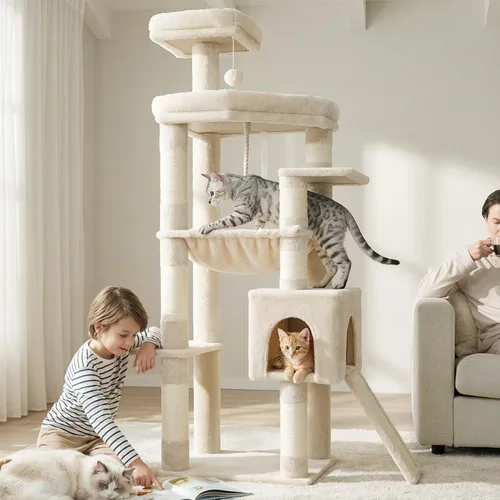Miniatura 9 de Heybly Árbol para gatos resistente, torre de 64.2 pulgadas de alto para gatos grandes de interior con estructura ampliada, muebles para gatos
