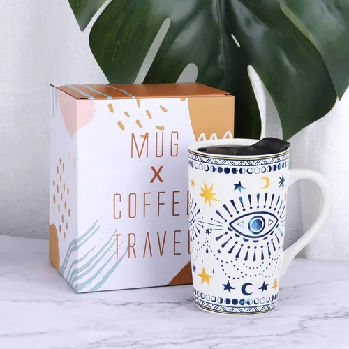 Miniatura 7 de NymphFable Taza de café de cerámica de 18 onzas con diseño de ojos bohemios con asa, taza de té personalizada con patrón de horneado grande