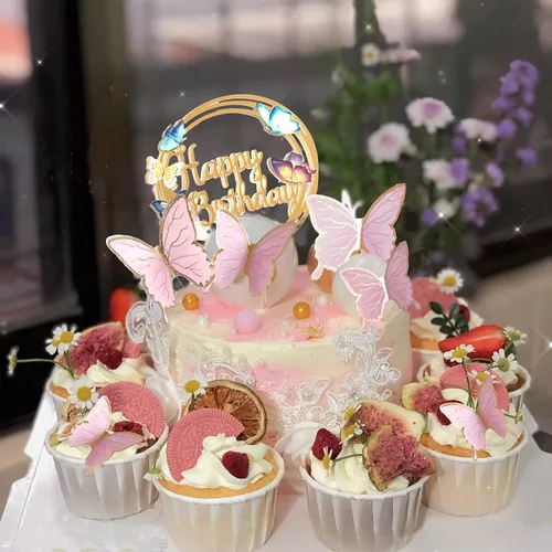 Miniatura 3 de Decoraciones para tartas de mariposas, 1 adorno grande para pastel de feliz cumpleaños y 15 piezas 3D de oro rosa rosa para cupcakes – Suministros