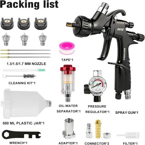 Miniatura 6 de R500 LVLP Pistola de pulverización de aire con boquillas de 1.3/1.5/0.067 in y regulador de aire, pistolas de pintura A610 automotrices kit premium