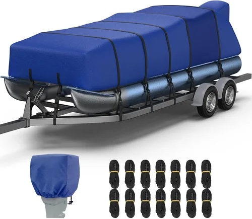 Miniatura 14 de RVMasking Cubierta para barco pontón con cubierta para motor, 1400D resistente reforzada en el medio, cubierta impermeable para barco de grado