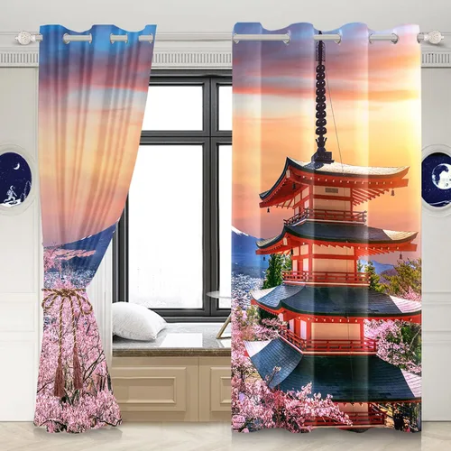 Miniatura 183 de Cortinas japonesas con pintura de tinta, monte Fuji, sol rojo, puesta de sol, hojas de bambú, cortinas de ventana para dormitorio, sala de estar