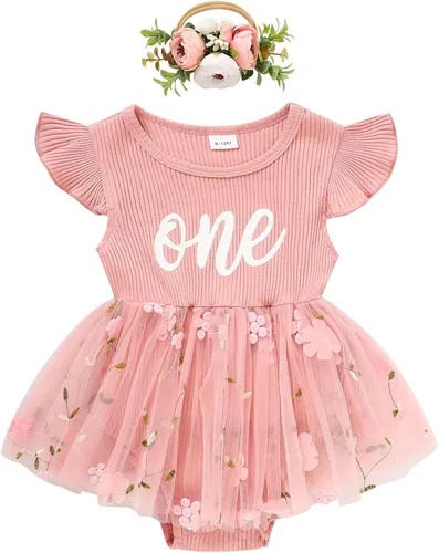 Miniatura 50 de GRNSHTS Traje de bebé niña 1er cumpleaños traje acanalado tul mameluco princesa pastel Smash sesión de fotos ropa + diadema