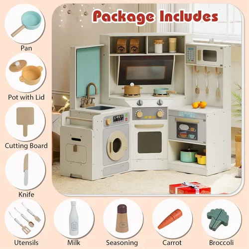 Miniatura 7 de Costzon Cocina de Juego de Esquina, Cocina Grande de Juego de Simulación con Luz y Sonido Reales, Cubo de Basura Extraíble, Estufas, Microondas