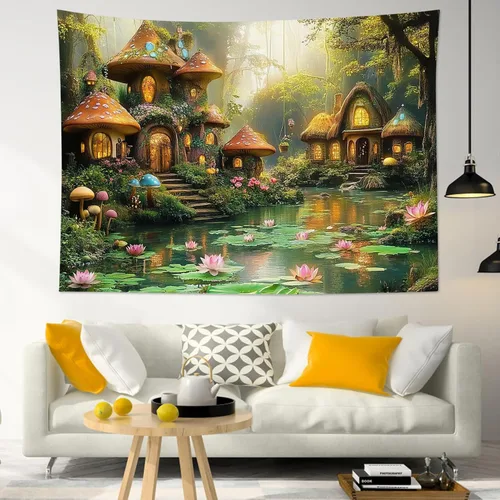 Miniatura 11 de HVEST Tapiz de bosque de cuento de hadas para colgar en la pared, estanque de lirios de agua, árboles mágicos, casas en el país de los sueños, tapiz
