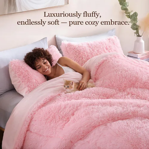 Miniatura 3 de Smoofy Juego de edredón esponjoso de tamaño Full, juego de edredón rosa de piel sintética, juego de ropa de cama mullido de lujo, juego de ropa