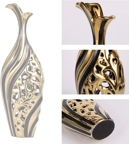 Miniatura 6 de Jarrón de piso de 19 pulgadas de alto, jarrón de cerámica negro y dorado, jarrón decorativo de cerámica, jarrón único para hierba de pampas