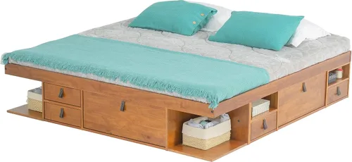 Miniatura 27 de Memomad Bali Slim Set: Plataforma de almacenamiento con cajones + Cabecero de panel plano (Tamaño completo, madera marrón roble)