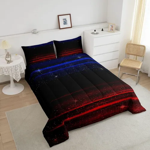 Miniatura 2 de Juego de edredón degradado, juego de ropa de cama con degradado azul, rojo y negro, tamaño King, edredón de plumón con estrellas y cielo estrellado