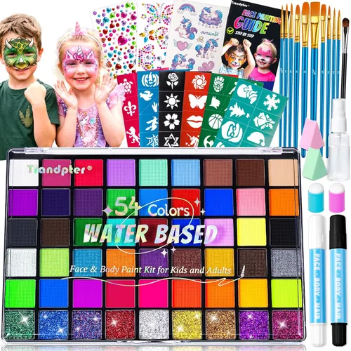 Kit de pintura facial de 54 colores para niños, kit de maquillaje de pintura facial no tóxica | con plantilla, libro guía, kit de maquillaje de