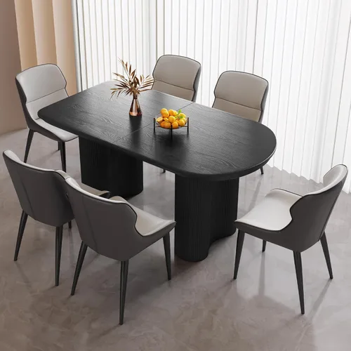 Miniatura 24 de Mesa de comedor negra de 55 pulgadas, una mesa rectangular de extremo redondeado con patas de diseño ondulado para cocina, comedor, oficina en casa