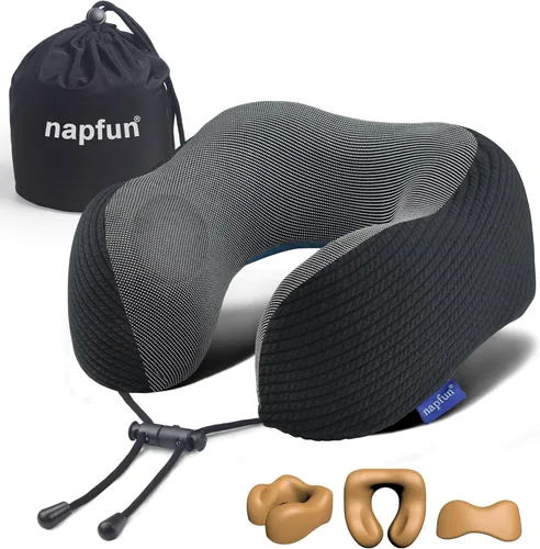 Miniatura 21 de NapFun - Almohada de cuello para viajes, mejorada para viajar por avión 100% espuma viscoelástica para dormir y descansar durante los vuelos, Gris