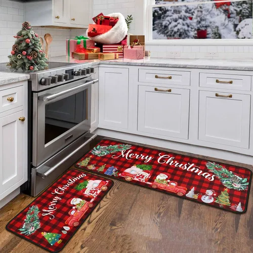Miniatura 8 de 2 piezas de alfombras y tapetes de cocina de Navidad para el suelo con respaldo antideslizante, decoración de cocina de Navidad feliz, juego