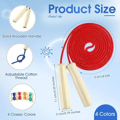 Miniatura 3 de Cuerdas de salto de 8.53 pies para niños y adultos, cuerda de saltar ajustable de algodón con mango de madera para multijugador, cuerda de saltar