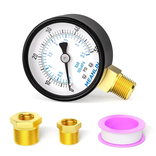 Miniatura 37 de MEANLIN MEASURE Manómetro de presión de bomba de pozo de 0-100 Psi, cara de dial de 2", NPT de 1/4", con buje hexagonal de 1/2" NPT y 3/8" NPT
