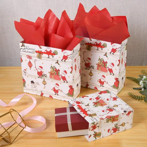 Miniatura 5 de SHIPKEY Paquete de 12 bolsas de regalo de Navidad, bolsas de papel navideñas de Papá Noel en 3 tamaños surtidos con papel de seda, bolsas Tamaños