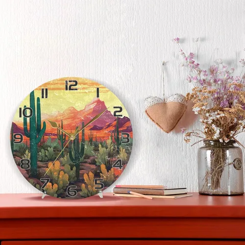 Miniatura 6 de Kigai Reloj de pared de cactus del desierto, silencioso sin tictac, funciona con pilas, reloj redondo para cocina, oficina, escuela, hogar decorativo