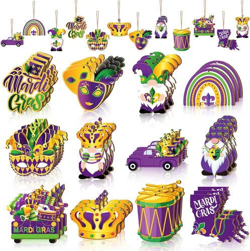 36 piezas de adornos colgantes de madera de Mardi Gras, morados, verdes, amarillos, coronas de madera, adornos rústicos de gnomos colgantes para