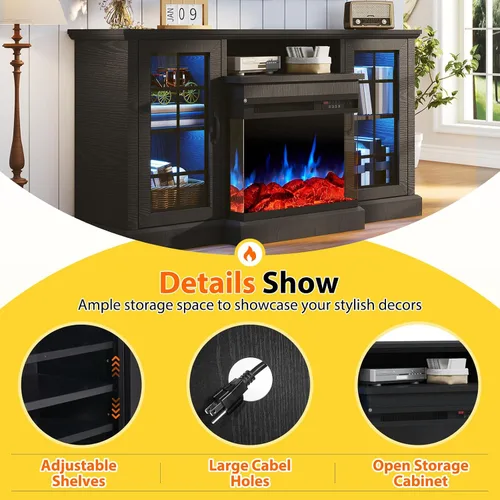 Miniatura 6 de Soporte de TV con chimenea de 59 pulgadas, mesa de consola central de entretenimiento de vidrio de 3 caras para televisores de hasta 65 pulgadas