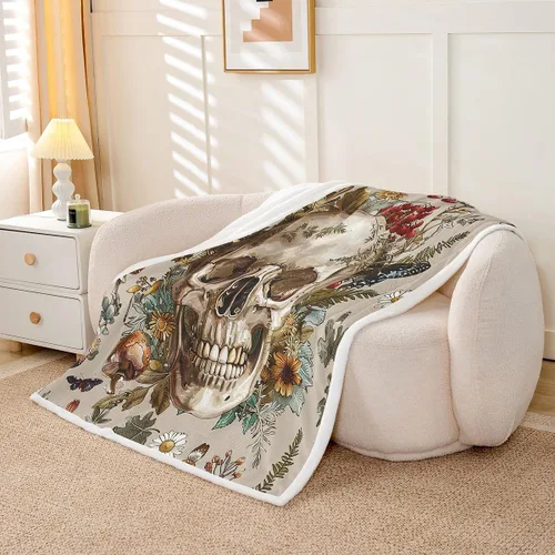 Miniatura 3 de Manfei Manta gótica de calavera y mariposa, libélula y polilla, para niños y niñas, manta de cama con hojas de flores y hongos para sofá, manta